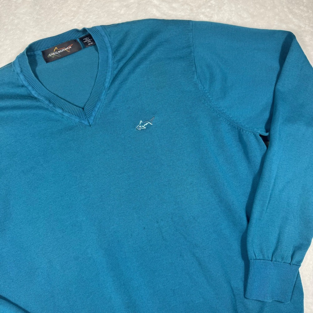 Greg Norman Mens V-Neck Cotton Knit Sweater Teal Blue Shark Logo Size Medium‎